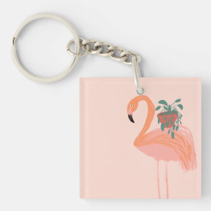 Tropischer Flamingo mit getopfter Pflanze Handgeze Schlüsselanhänger