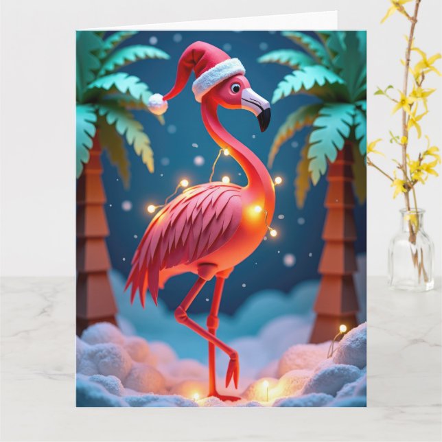 Tropischer Flamingo mit Lichtern in Schneeweihnach Karte (Gelbe Blume)