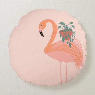 Tropischer Flamingo mit Topfpflanze Handgezeichnet Rundes Kissen