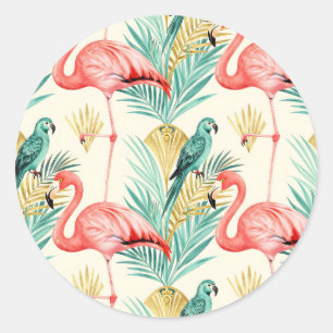 Tropischer Flamingo-Papageien-Dschungel Runder Aufkleber