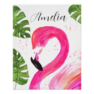 Tropischer Flamingo Pink Palm Blätter Grüne Kunst  Poster