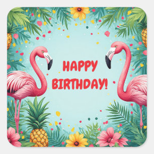 🌺 Tropischer Flamingo-Rahmen mit Ananas und Hibi Quadratischer Aufkleber