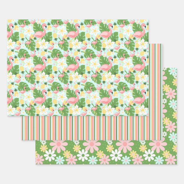 Tropischer Flamingo Retro Daisy Blume Streifen Wra Geschenkpapier Set (Set)