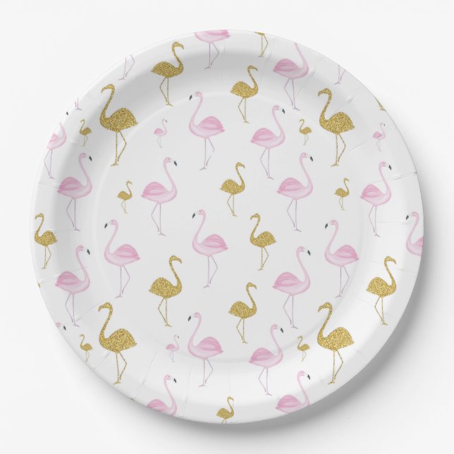 Tropischer Flamingo-Rosa- und Goldpapier-Teller Pappteller (Vorderseite)