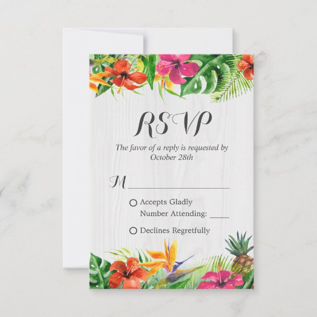 Tropischer Flamingo Rustic Wood Wedding RSVP (Vorderseite)