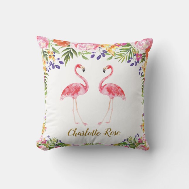 Tropischer Flamingo-Sommer-BlumenBlätter Kissen (Vorderseite)