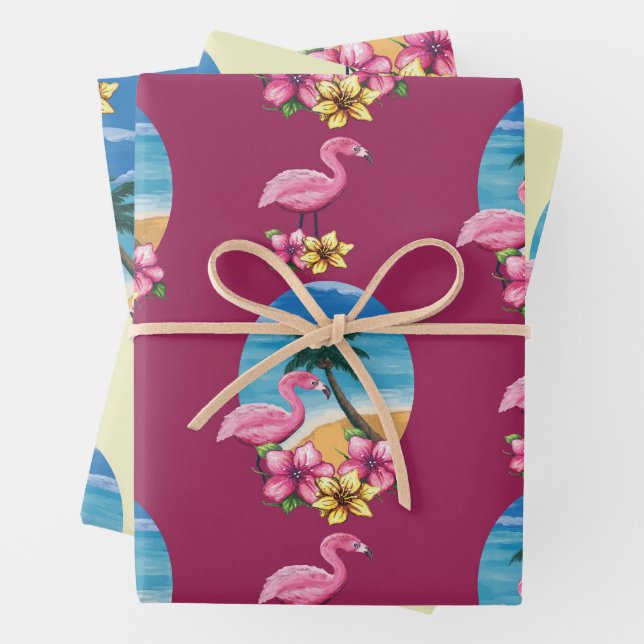 Tropischer Flamingo Strand, Palmen Tree und Blume Geschenkpapier Set (Beispiel)