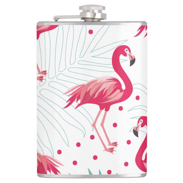 Tropischer Flamingo und Blätter, Sommermuster. Flachmann (Vorderseite)