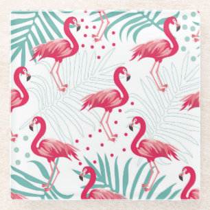 Tropischer Flamingo und Blätter, Sommermuster. Glasuntersetzer