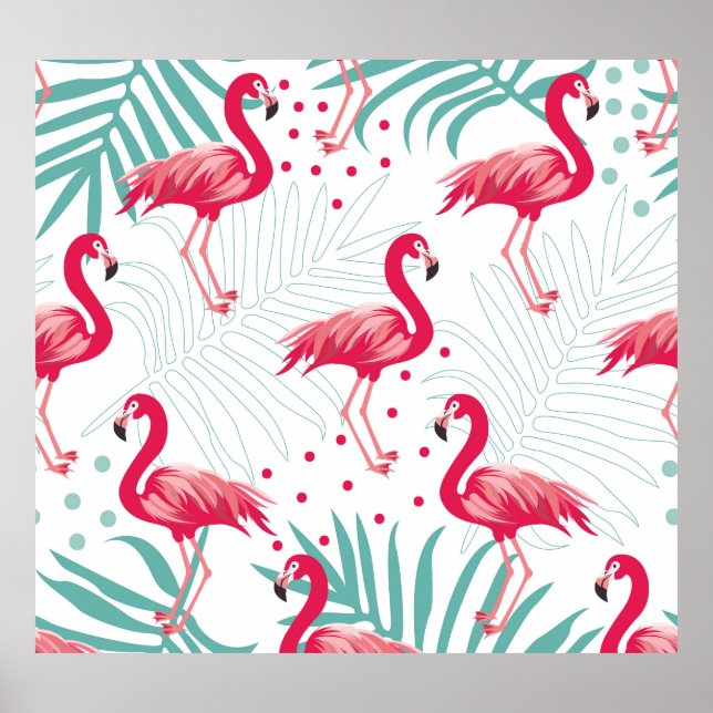 Tropischer Flamingo und Blätter, Sommermuster. Poster (Vorne)