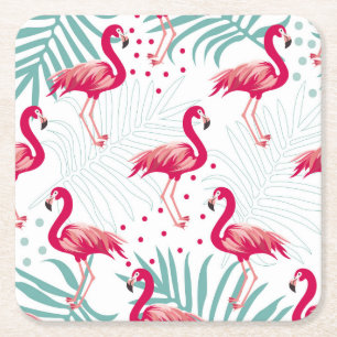 Tropischer Flamingo und Blätter, Sommermuster. Rechteckiger Pappuntersetzer