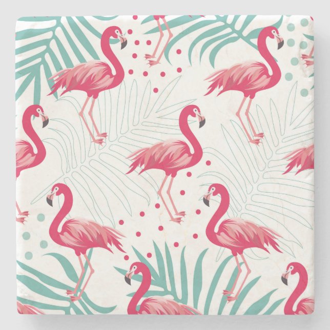 Tropischer Flamingo und Blätter, Sommermuster. Steinuntersetzer (Vorderseite)
