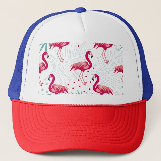 Tropischer Flamingo und Blätter, Sommermuster. Truckerkappe (Vorderseite)