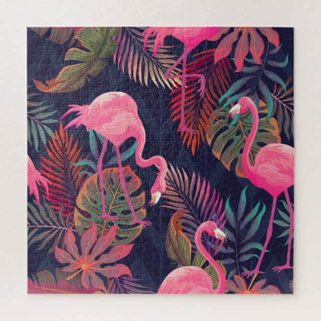 Tropischer Flamingo: Vintages Palmmuster. (Vertikal)