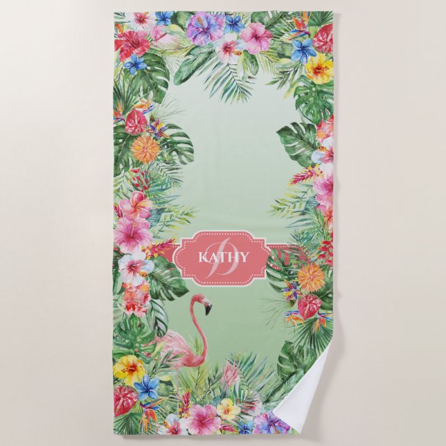 Tropischer Flamingo Watercolor Monogram Name Strandtuch (Vorderseite)