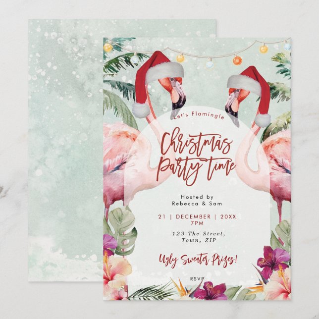 Tropischer Flamingo Weihnachtsfest Party Einladung (Vorne/Hinten)