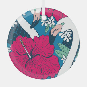 Tropischer Flamingos: Hibiskus Plumeria Hintergrun Ornament Aus Glas
