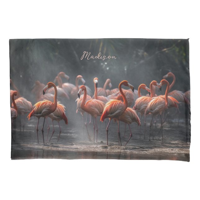 Tropischer Flamingos-individuelle Name Kissenbezug (Vorderseite)