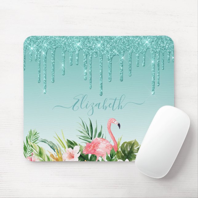 Tropischer, floraler Aquamariner Glitzer Mousepad (Mit Mouse)