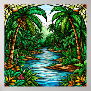 Tropischer Fluss und Palmen in einem lebendigen Ds Poster