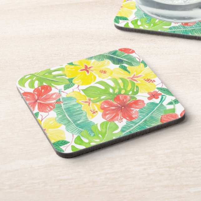 Tropischer Garten, Hibiskus-Plumeria und Blätter a Getränkeuntersetzer (Linke Seite)