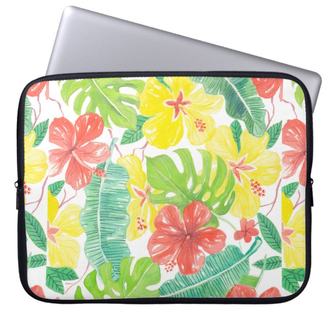 Tropischer Garten, Hibiskus-Plumeria und Blätter a Laptopschutzhülle (Vorderseite)
