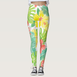 Tropischer Garten, Hibiskus-Plumeria und Blätter a Leggings