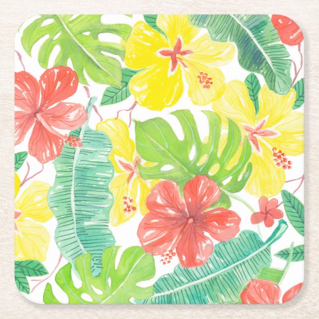 Tropischer Garten, Hibiskus-Plumeria und Blätter a Rechteckiger Pappuntersetzer (Vorderseite)
