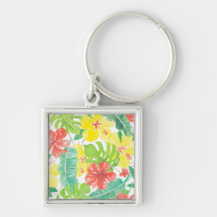 Tropischer Garten, Hibiskus-Plumeria und Blätter a Schlüsselanhänger