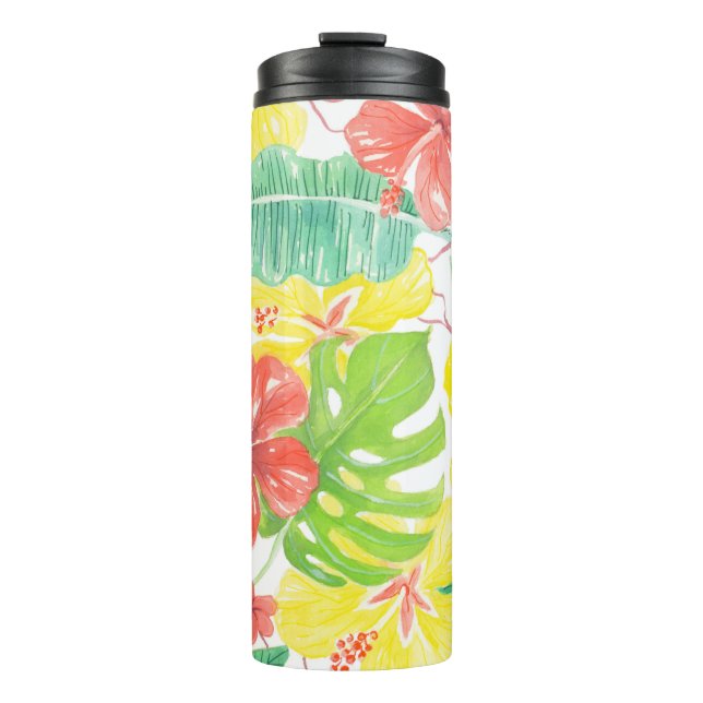 Tropischer Garten, Hibiskus-Plumeria und Blätter a Thermosbecher (Vorderseite)