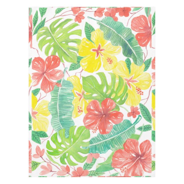 Tropischer Garten, Hibiskus-Plumeria und Blätter a Tischdecke (Vorderseite)
