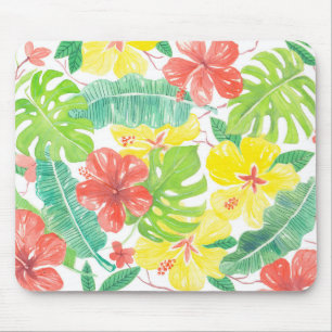 Tropischer Garten, Hibiskus-Plumeria und Blätter Mousepad