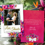 Tropischer Garten Liebe & Dank Hochzeit Foto & Hin Dankeskarte<br><div class="desc">Diese wunderschönen Hochzeitskarten zeigen Ihr Foto inmitten einer Fülle von tropischen Blume und Blätter in lebhaften Rosa-, Fuchsia-, Magenta-, lila- und Gelbtönen. Die Beschriftung lautet: Liebe und Danke, mit Ihren Namen unten. Die Rückseite hat Platz für eine kurze Notiz und eine benutzerdefinierte Signatur. Einfach und elegant, diese Dankeschön-Karte ist der...</div>