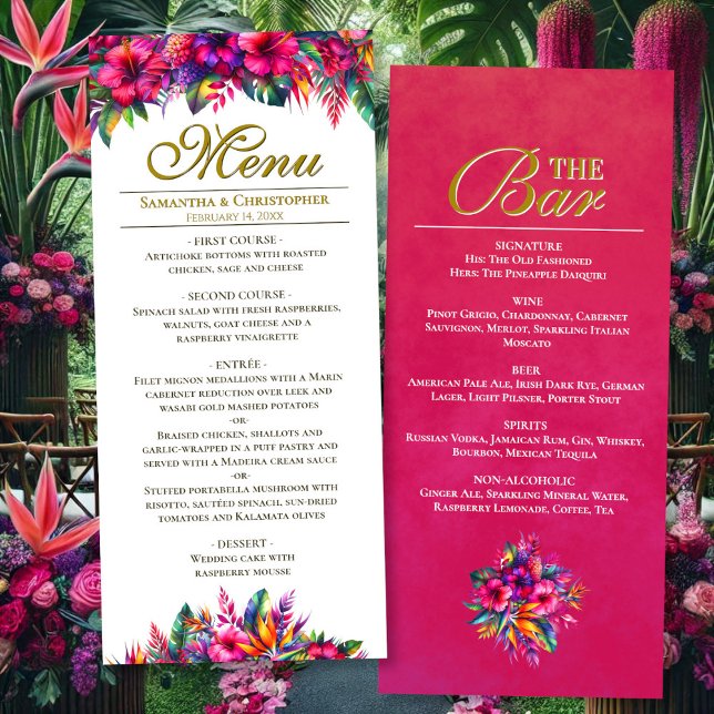 Tropischer Garten Zwei-seitige Hochzeitsmahlzeiten Menükarte (Front/Back)
