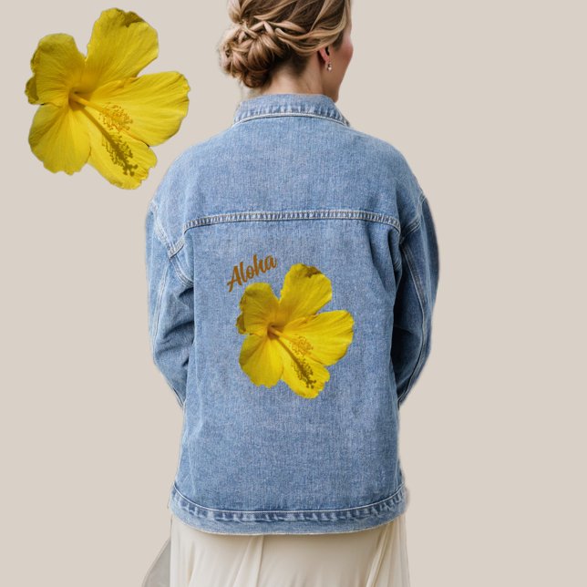 Tropischer Gelber Hibiskus Floral Hawaiian Aloha Jeansjacke (Von Creator hochgeladen)