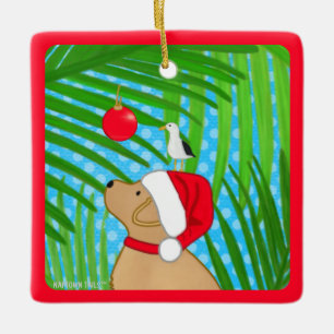 Tropischer gelber Lab Santa-Hund Weihnachtsbaumsch Keramikornament