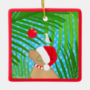 Tropischer gelber Lab Santa-Hund Weihnachtsbaumsch Keramikornament
