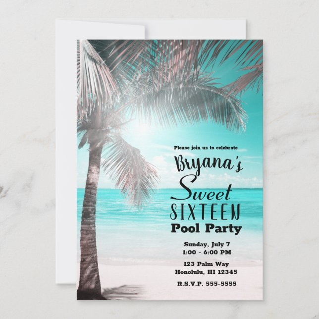 Tropischer Glam Pink Aqua Blue Beach Palm Sweet 16 Einladung (Vorderseite)