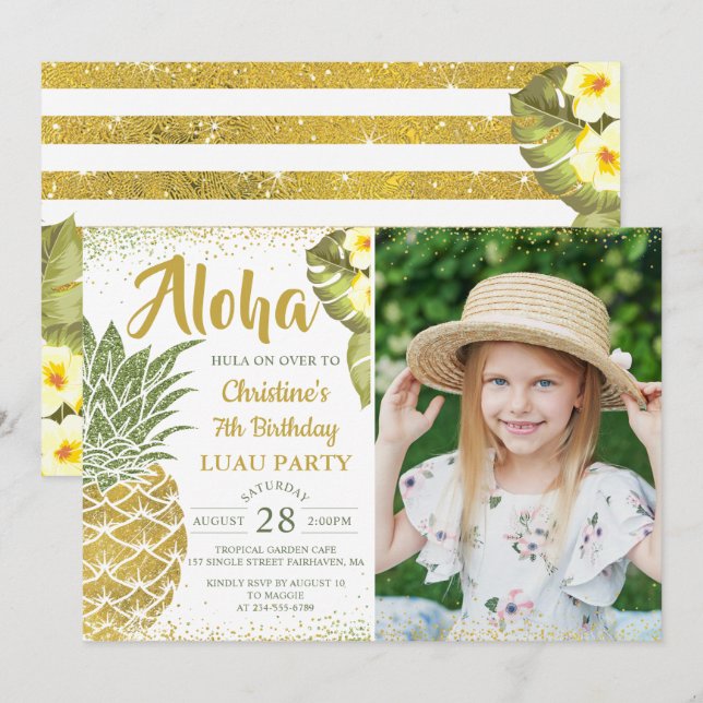 Tropischer Glitzer Ananas Birthday Foto Einladung (Vorne/Hinten)