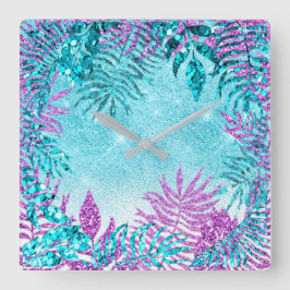 Tropischer Glitzer Fuchsia Glitzer Blauer Blumenro Quadratische Wanduhr