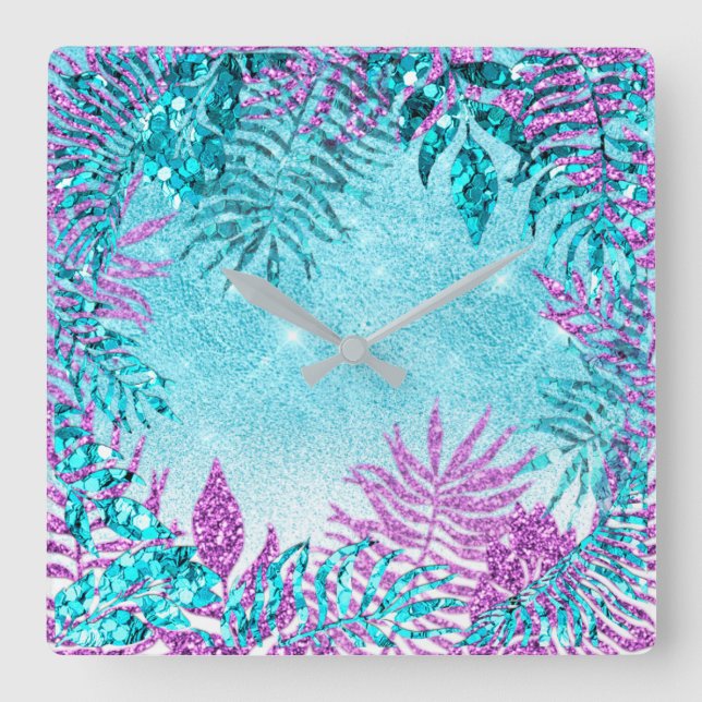 Tropischer Glitzer Fuchsia Glitzer Blauer Blumenro Quadratische Wanduhr (Vorderseite)