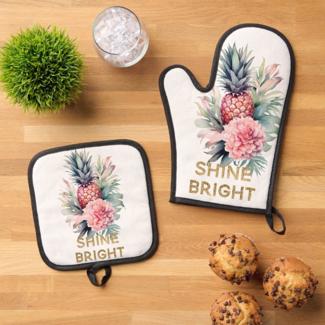 Tropischer Glitzer Shine Ananas Ofenhandschuh & Topflappen-Set (Oben Unten)