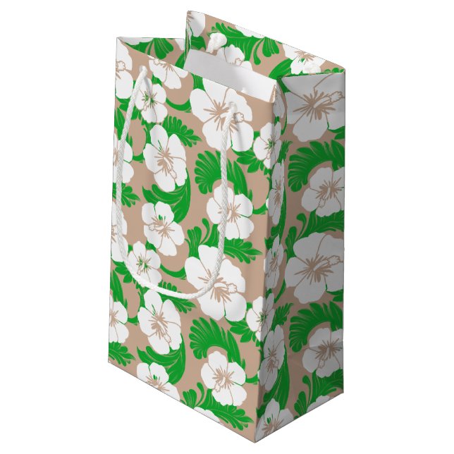 Tropischer hawaiianischer Hibiskus Floral Khaki Be Kleine Geschenktüte (Rückseite Schrägansicht)