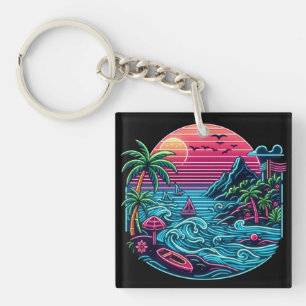 Tropischer/Hawaiianischer Neonstrand Schlüsselanhänger