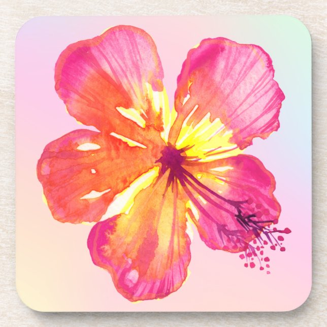 Tropischer Hibiskus auf Pink Yellow Aqua Ombre Getränkeuntersetzer (Vorderseite)