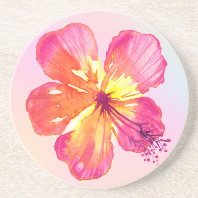 Tropischer Hibiskus auf Pink Yellow Aqua Ombre Getränkeuntersetzer (Vorne)