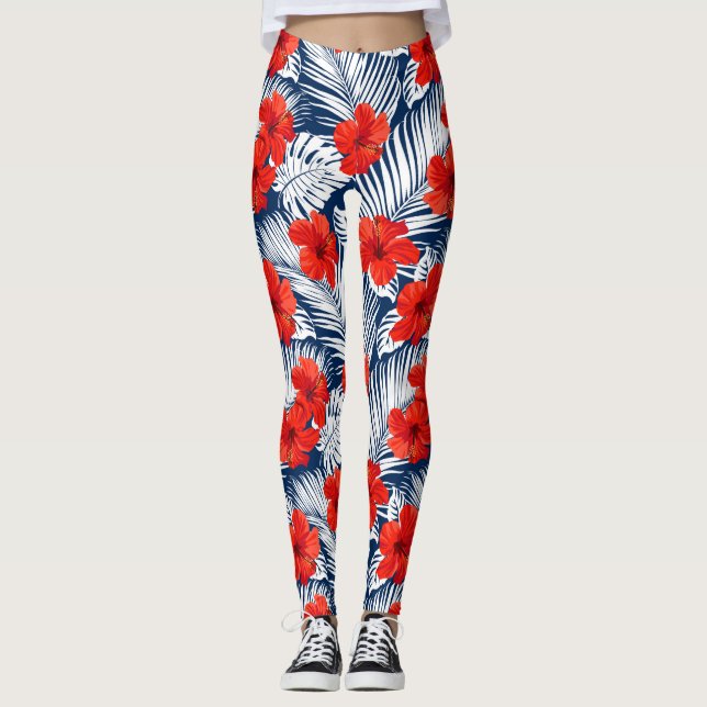 Tropischer Hibiskus Blume Ferns Red White Blue Leggings (Vorderseite)