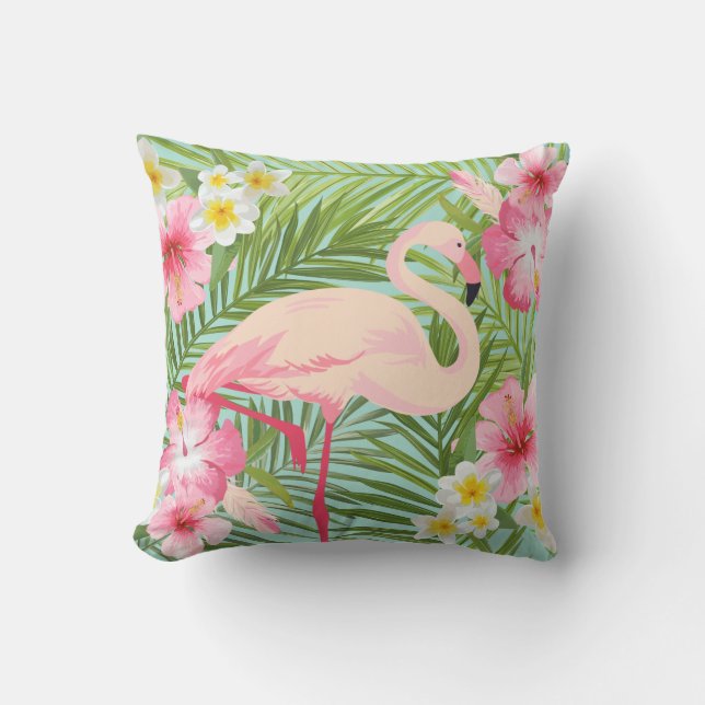 Tropischer Hibiskus Blume mit rosa Flamingo Kissen (Vorderseite)