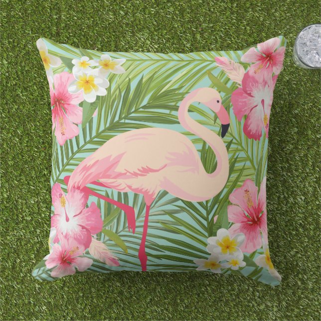 Tropischer Hibiskus Blume mit rosa Flamingo Kissen (Gras)