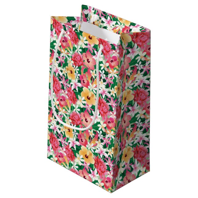 Tropischer Hibiskus-Blumenmuster Kleine Geschenktüte (Rückseite Schrägansicht)